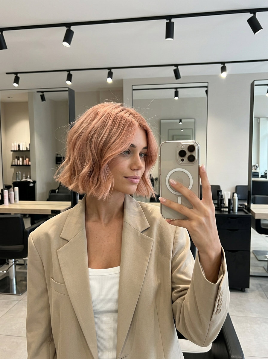 short french bob haircut in rose gold with peach-pink tones, textured ends, romantic mood