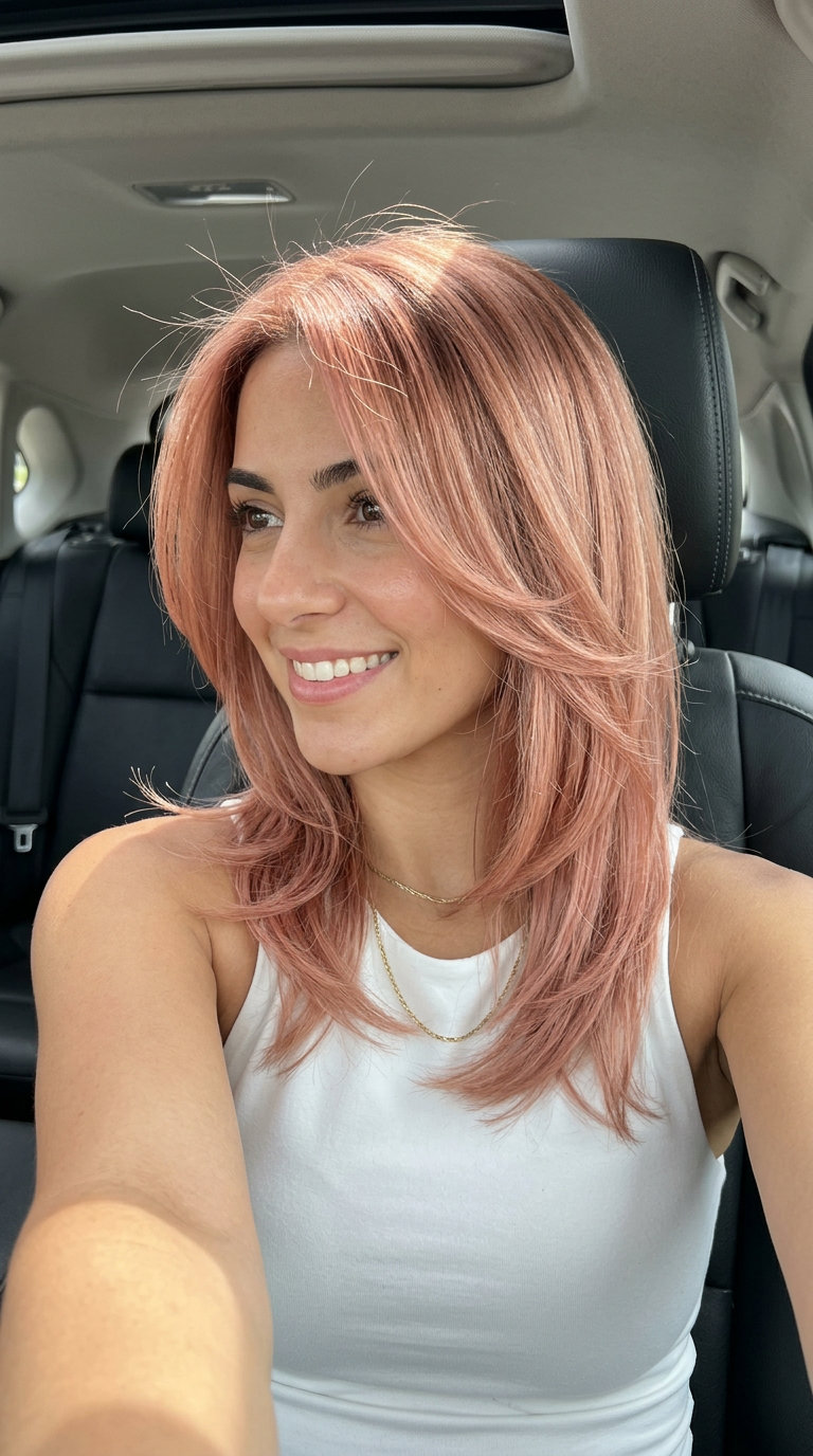 shoulder-length butterfly haircut in shimmering rose gold with pastel pink and peach undertones, soft sweeping layers, romantic ethereal mood