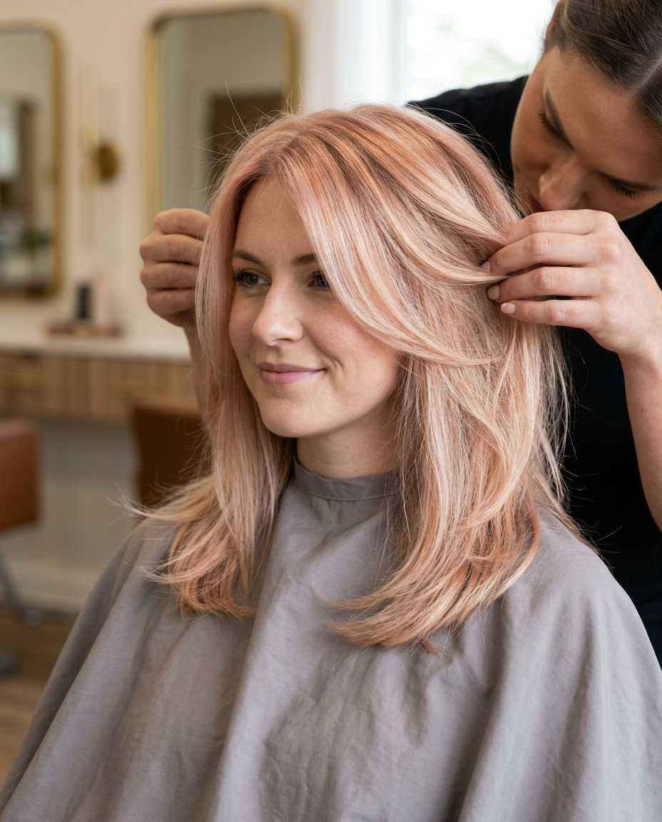 long layered haircut in ethereal rose blonde with peach & champagne tones, face-framing for dreamy effect