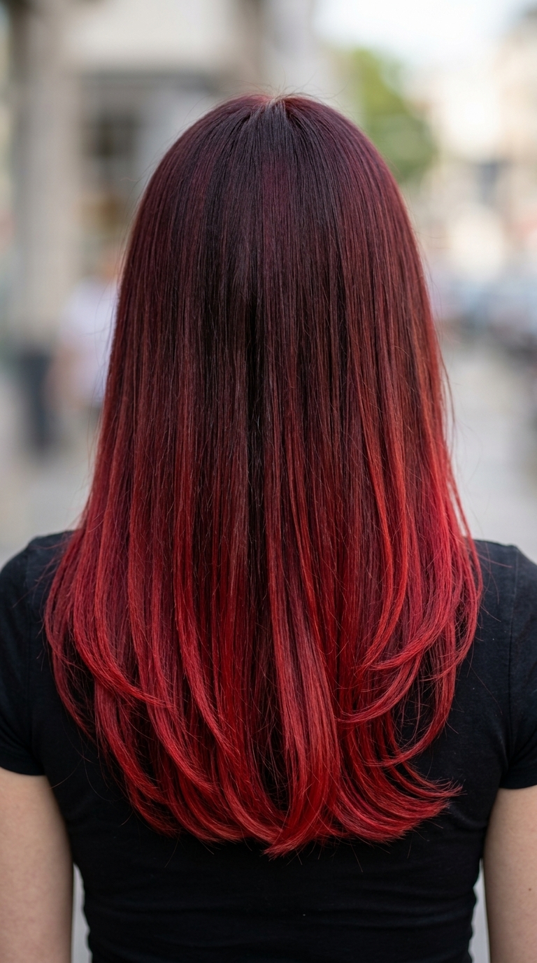 long layered cut with ruby red ombré and deep black roots for concerts