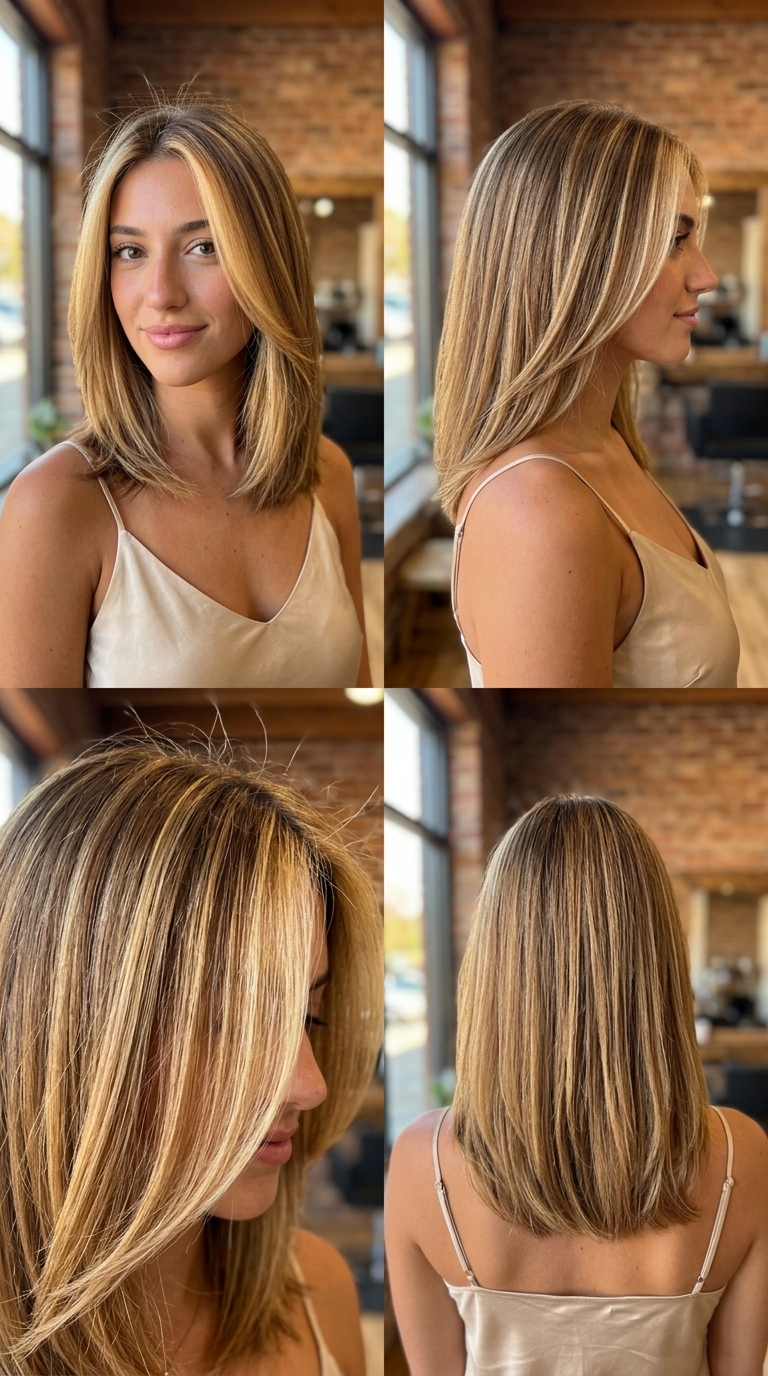 medium layered cut salted caramel blonde with golden caramel money piece, balayage, no fringe — bold trendy date night