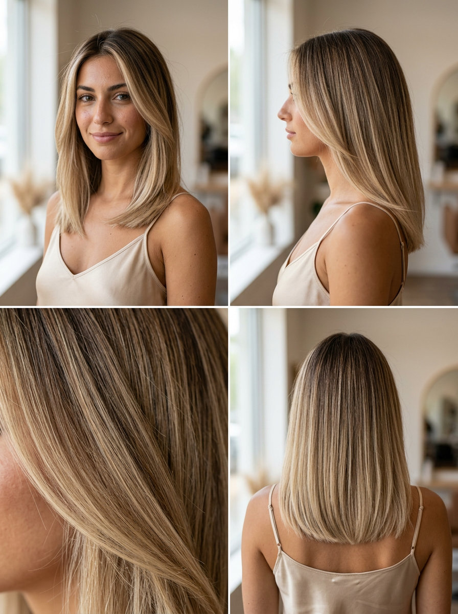 shoulder-length sand blonde reverse balayage highlights with cool beige tones, subtle lowlights — sophisticated professional look