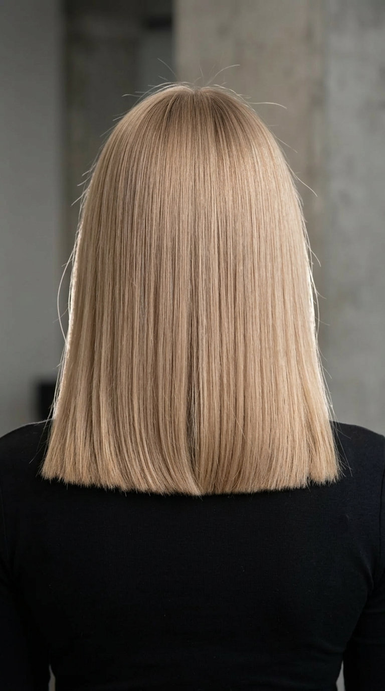 medium blunt lob haircut in uniform sandy beige blonde with glass finish, no fringe — sophisticated