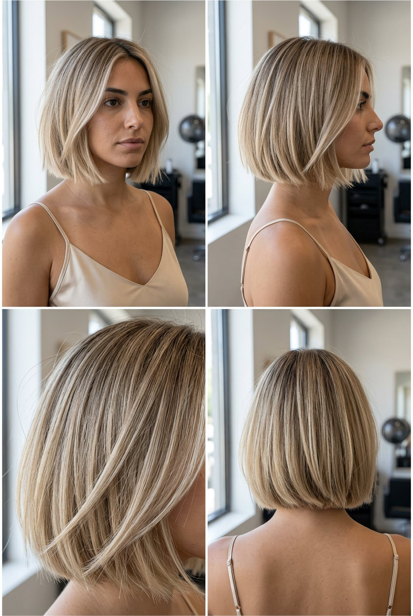 short blunt bob with sandy beige blonde, soft root smudge, subtle internal layering for casual weekend