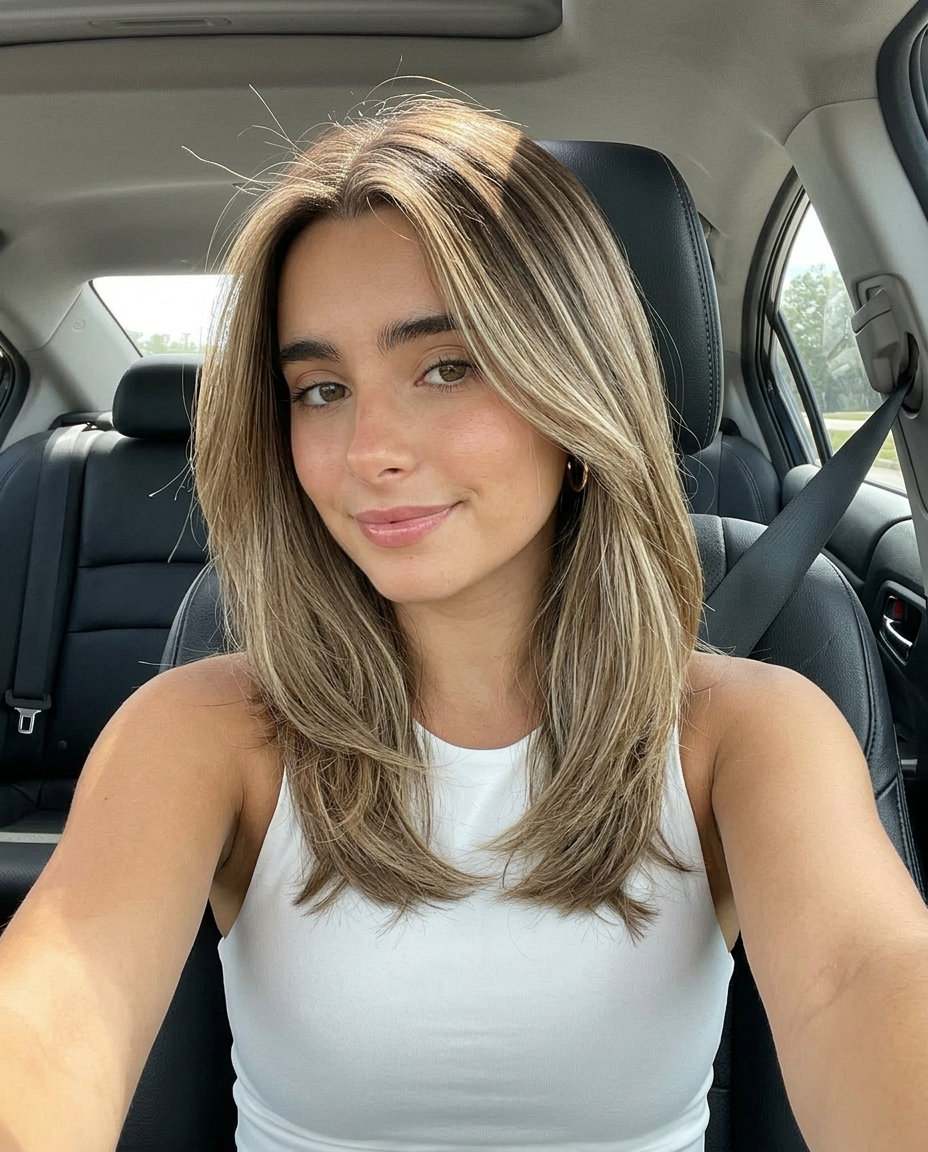 long sandy blonde highlights on neutral brown base with bronde melt, seamless blend — chic daily wear