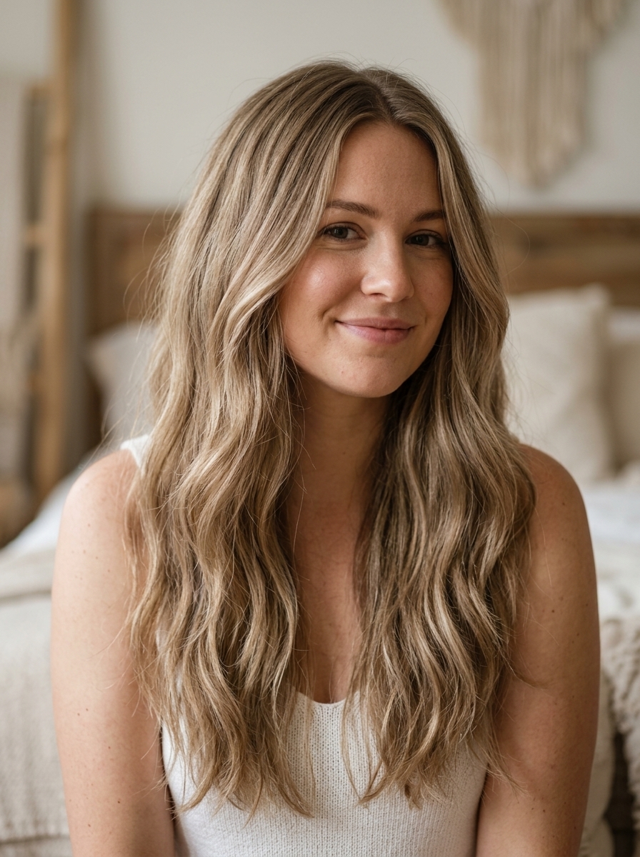 long muted sandy blonde haircut with beige lowlights, diffused layers, face-framing pieces — effortless boho