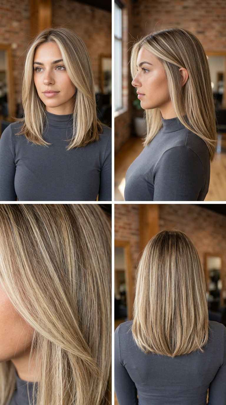 long layered sandy bronde with ultra-light sandy blonde, money pieces, no fringe — edgy, bold