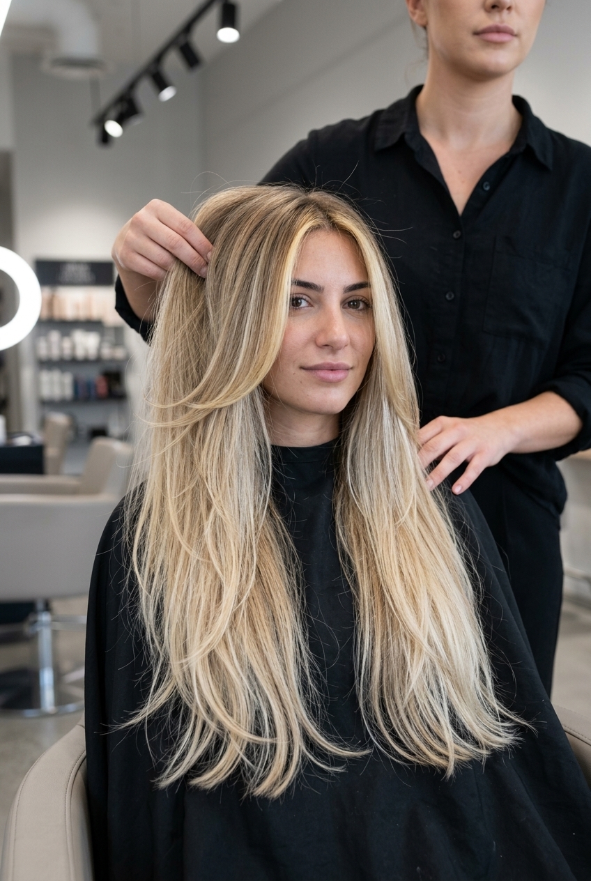 long layered haircut in sandy blonde with sun-bleached babylights and golden balayage for beach vacation