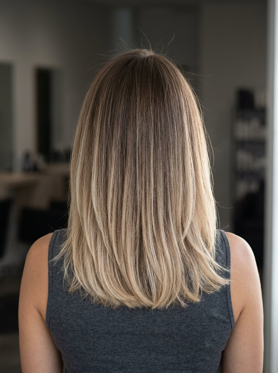long sandy blonde ombre hair with neutral brunette to sandy beige, balayage technique — effortless beach style