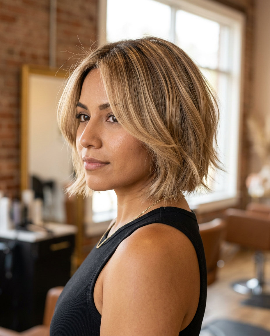 short french bob haircut with sandy blonde balayage, textured layers, bohemian mood