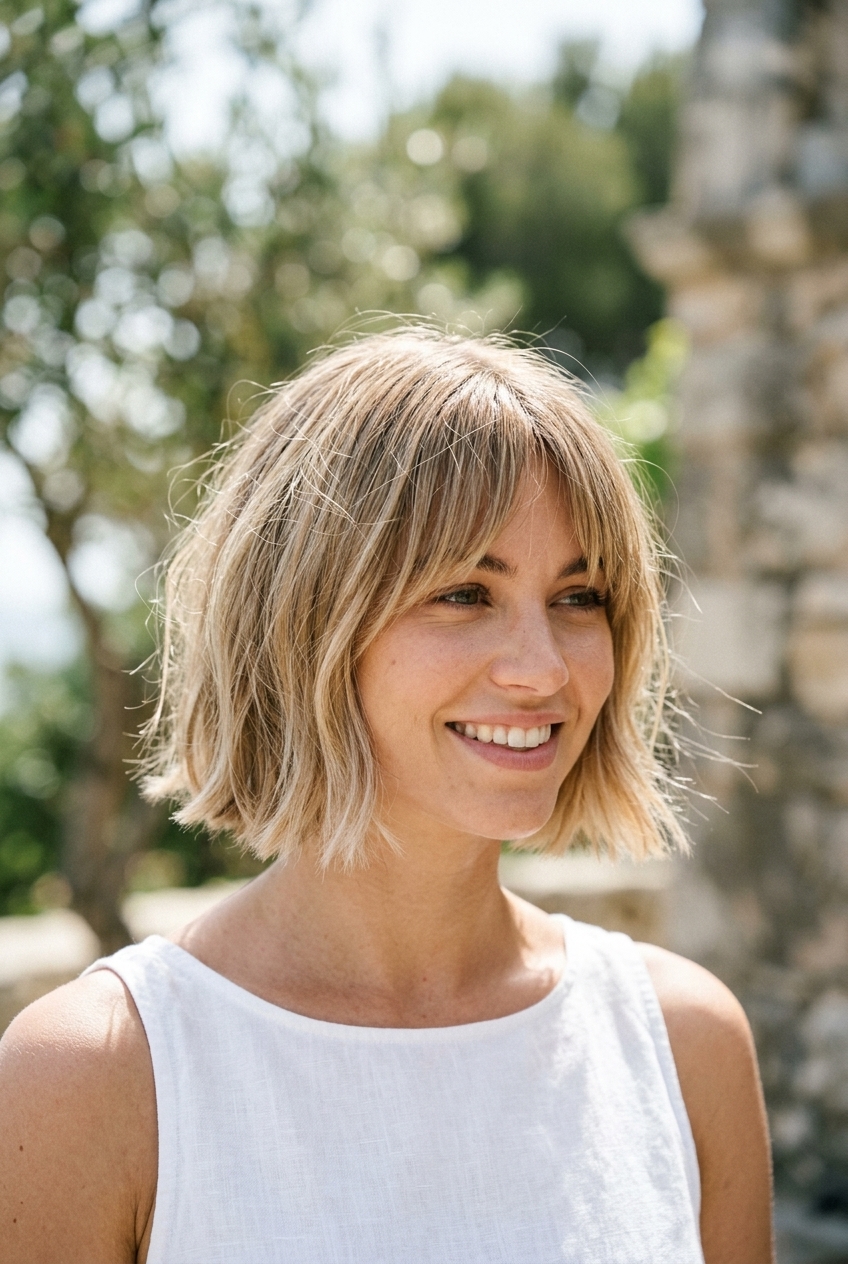very short sandy blonde lob with cool beige highlights and bottleneck bangs for summer