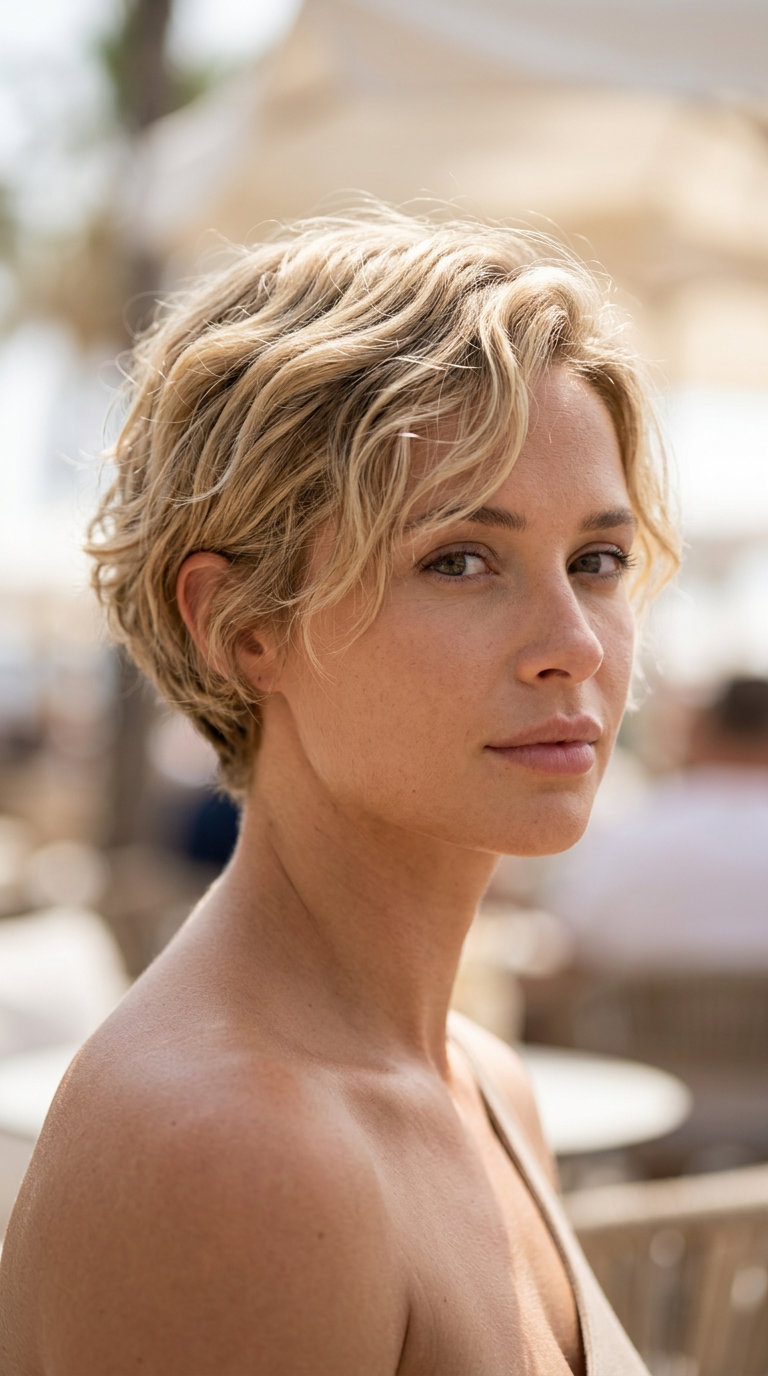 very short pixie haircut with sandy blonde, golden babylights, tapered sides — effortless, summer