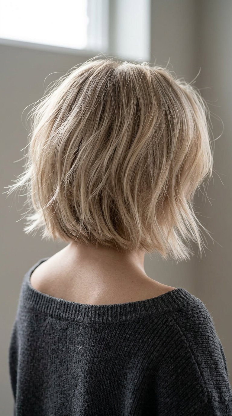 short messy bob haircut with pale sandy linen blonde, babylights and point-cutting for summer
