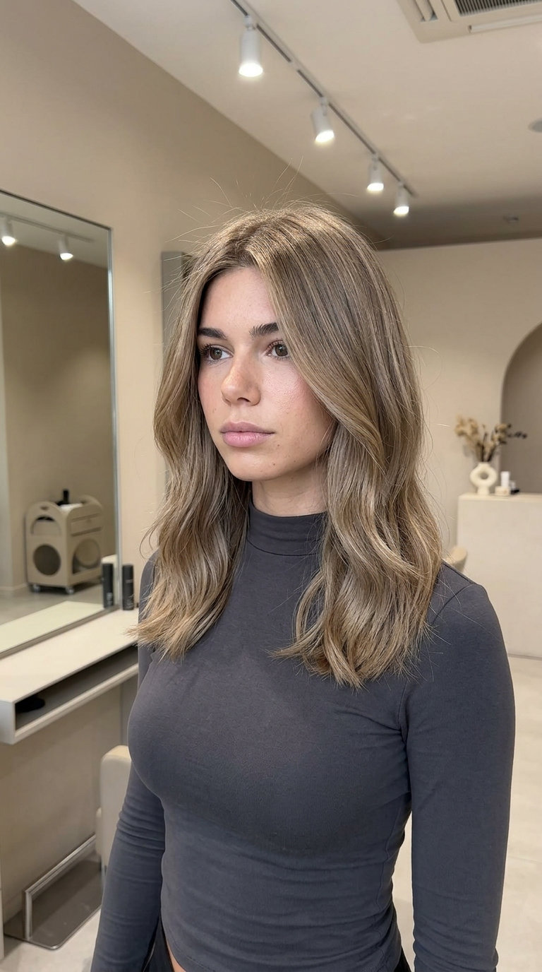 long cashmere bronde haircolor with sandy taupe, all-over blend, no fringe — sophisticated