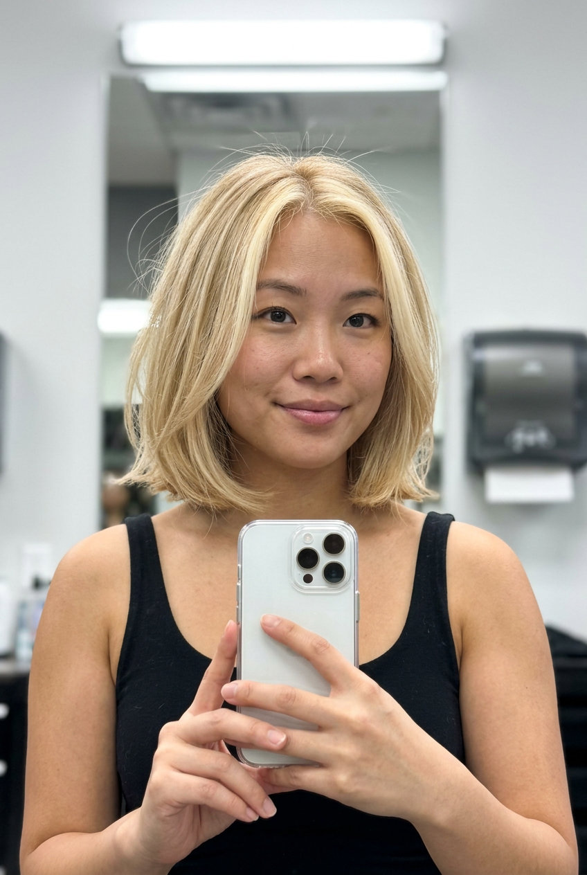 short point-cut bob buttery blonde with bright creamy blonde hairline, Scandi-hairline technique, no fringe — playful summer vacation