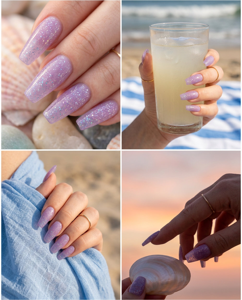 Whimsical lavender jelly sparkle stiletto nails for shell summer nails 2026.