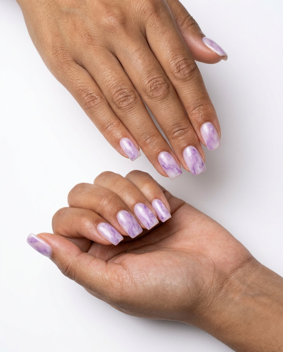 Milky lavender marble nails with iridescent sheen for shell summer nails 2026, perfect for festivals.