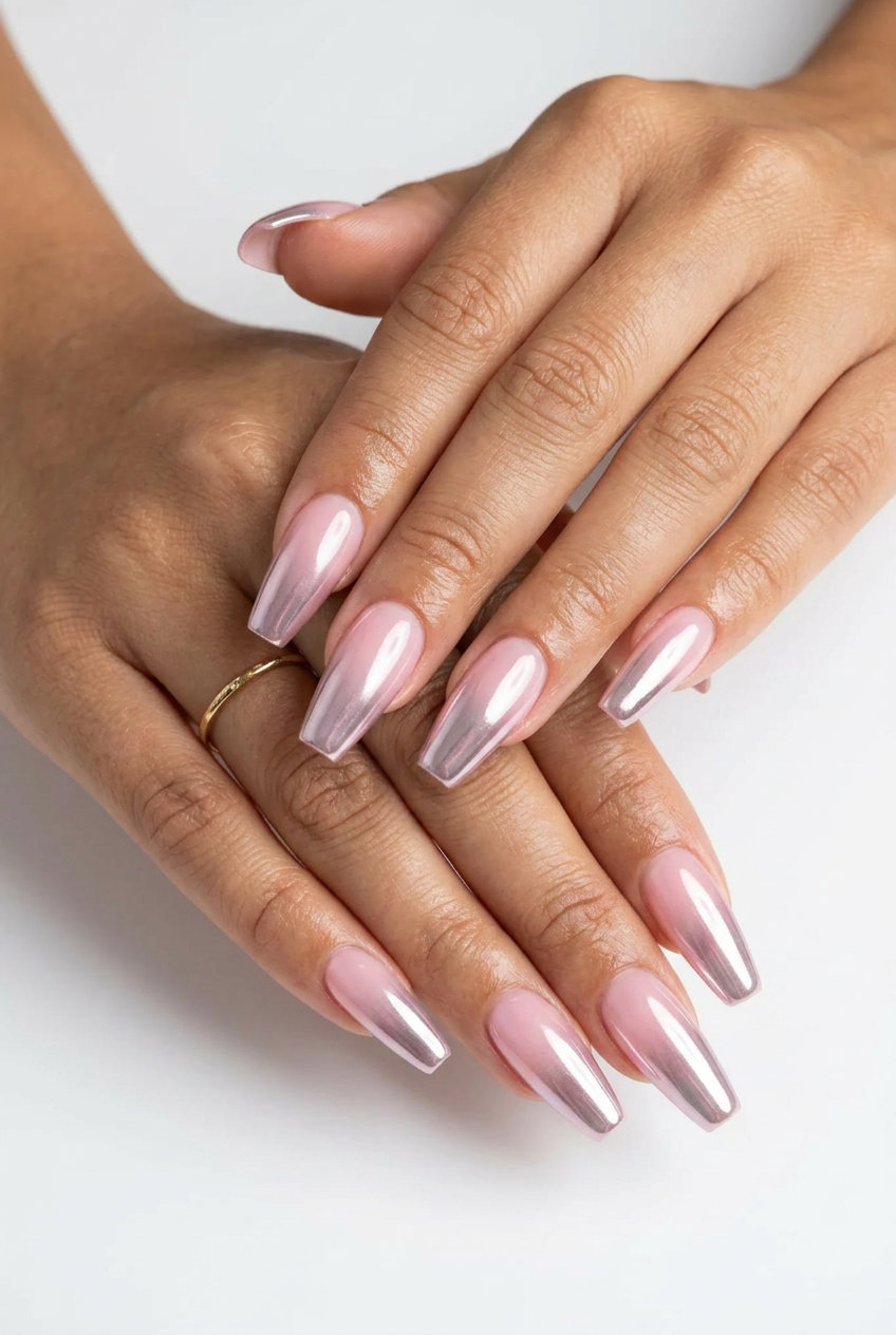Milky pink chrome gradient shell summer nails 2026 for evening events and parties.