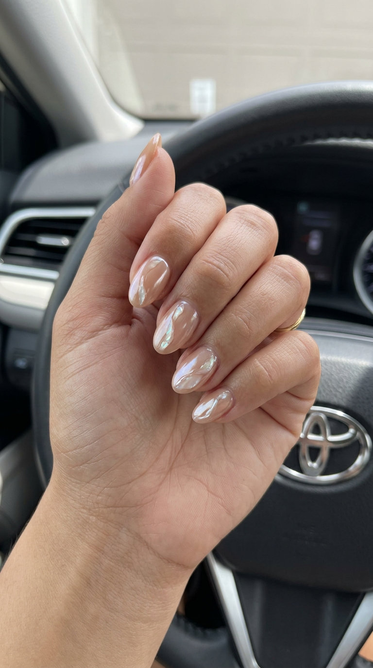 Nude mother-of-pearl inlay accent nails for shell summer nails 2026, minimalist and polished.