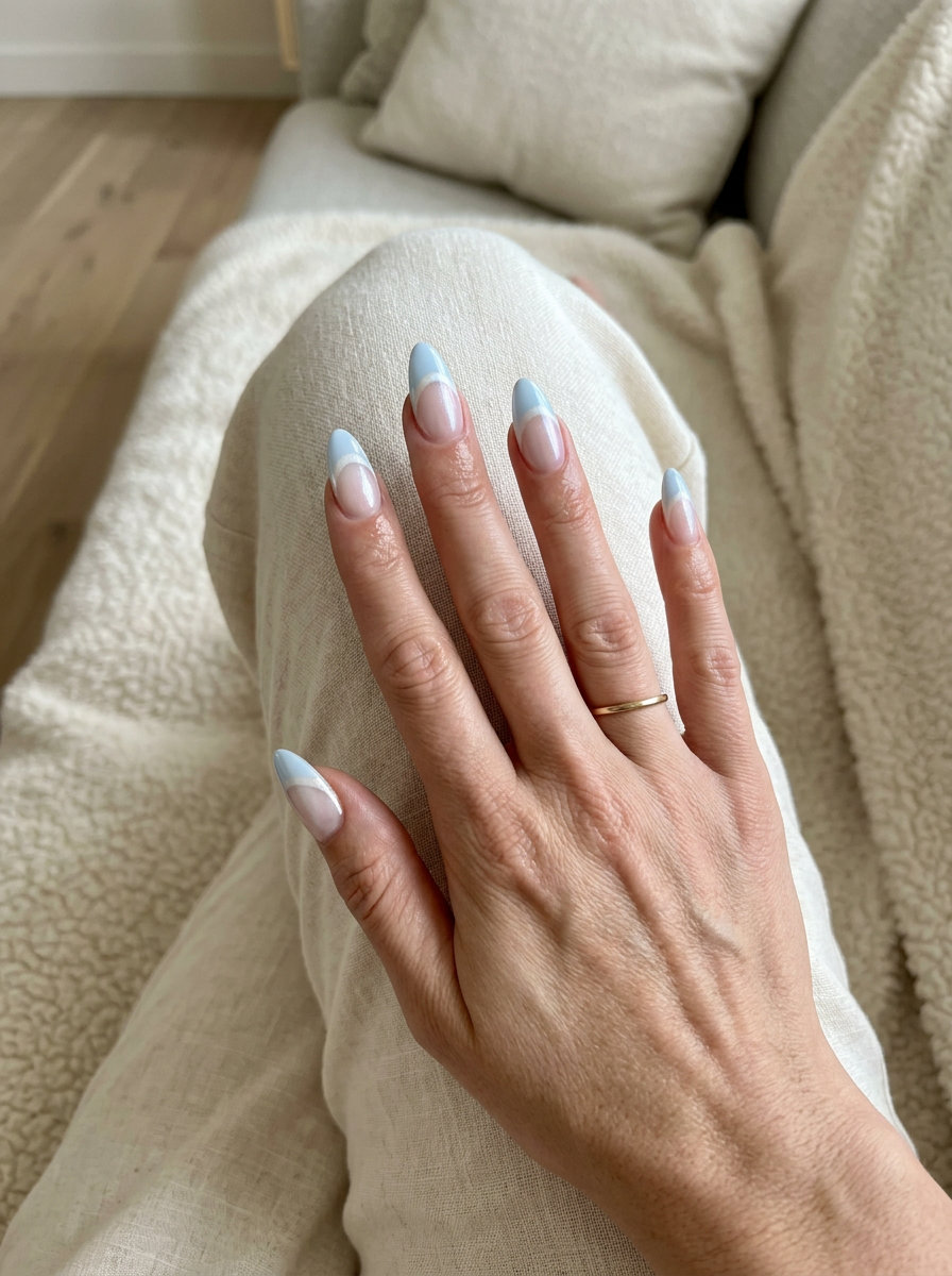 Sophisticated pale blue cuticle French nails with pearlescent white tips for shell summer nails 2026.