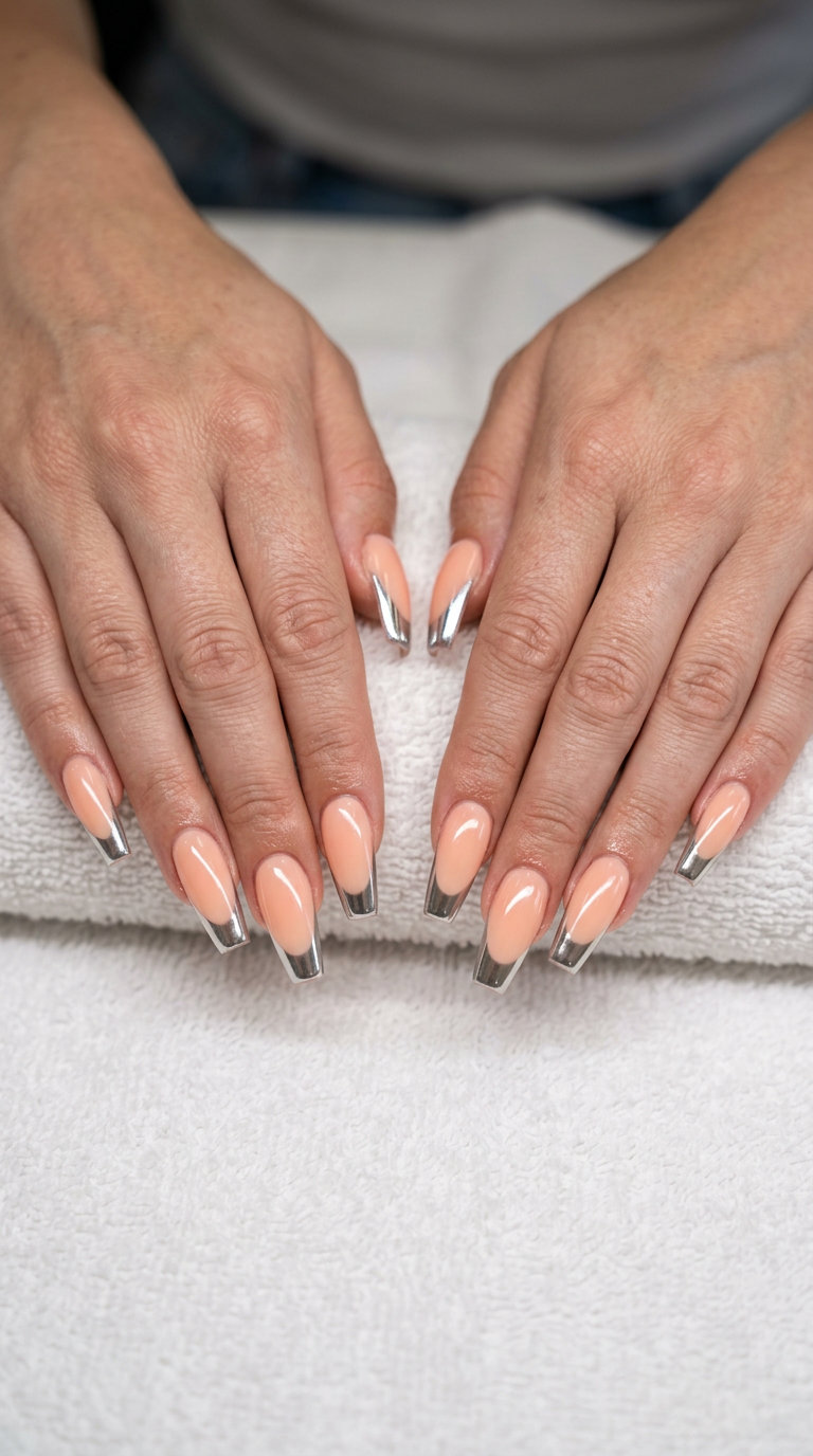 Bold peach chrome tip coffin nails for shell summer nails 2026.