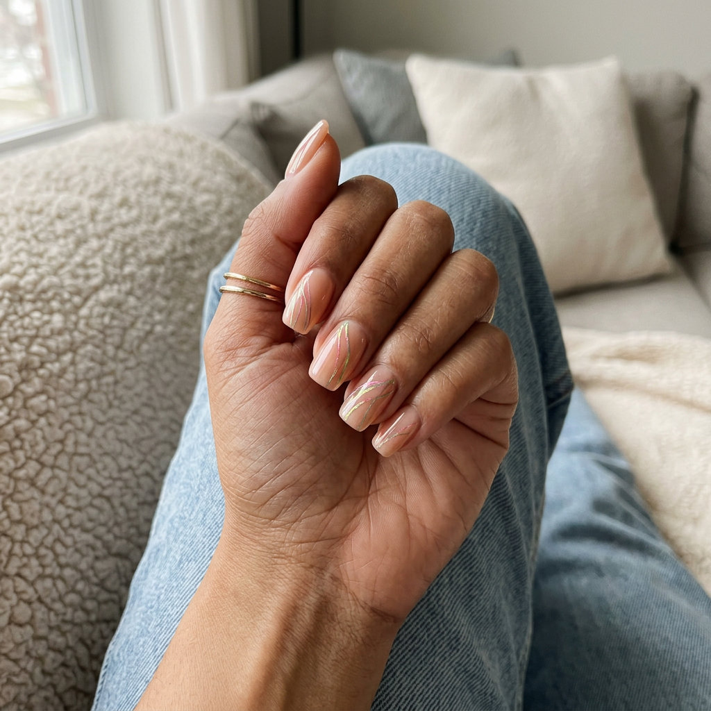 Peach iridescent line art almond nails for shell summer nails 2026, minimalist and sophisticated.