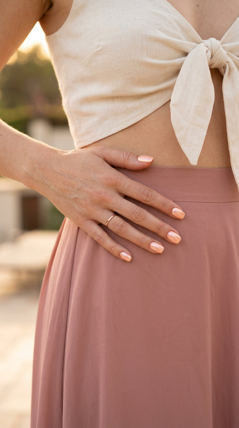 Soft peach mother-of-pearl squoval nails for shell summer nails 2026, perfect for weddings.