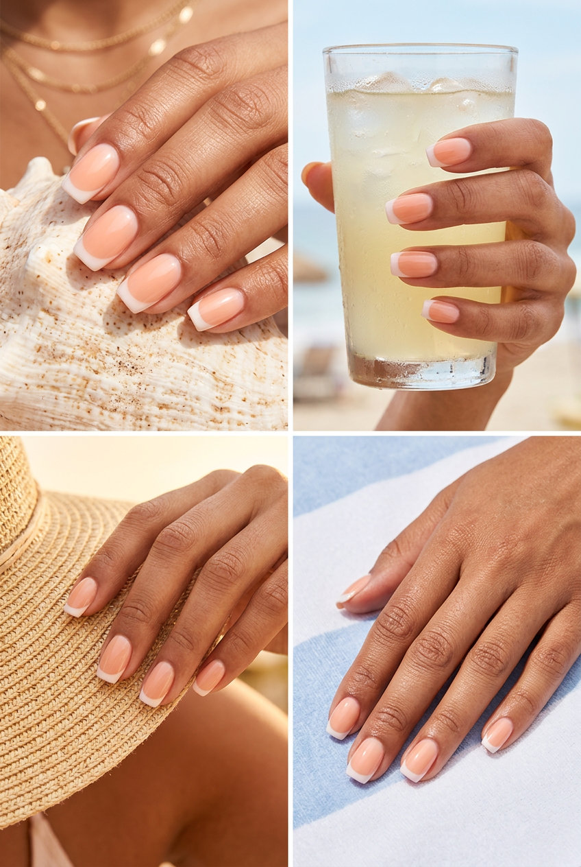 Modern peach negative space French fade nails for shell summer nails 2026.