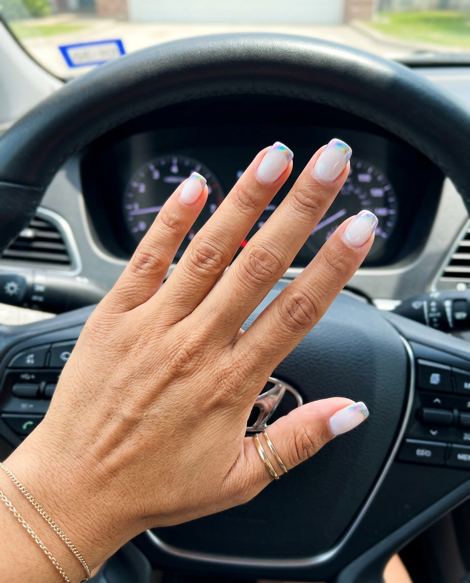 Iridescent rainbow micro French shell summer nails 2026 for festivals and casual fun.
