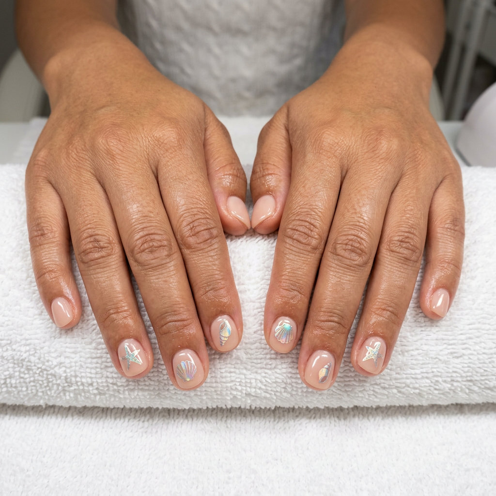 Seashell decal nails with glossy nude base for shell summer nails 2026, great for vacation.
