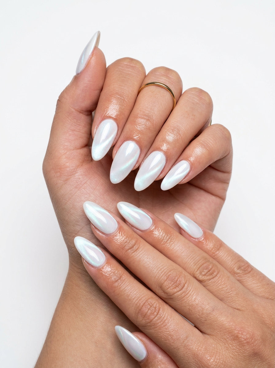 Pearlescent white cat-eye shell summer nails 2026 for date nights and summer parties.