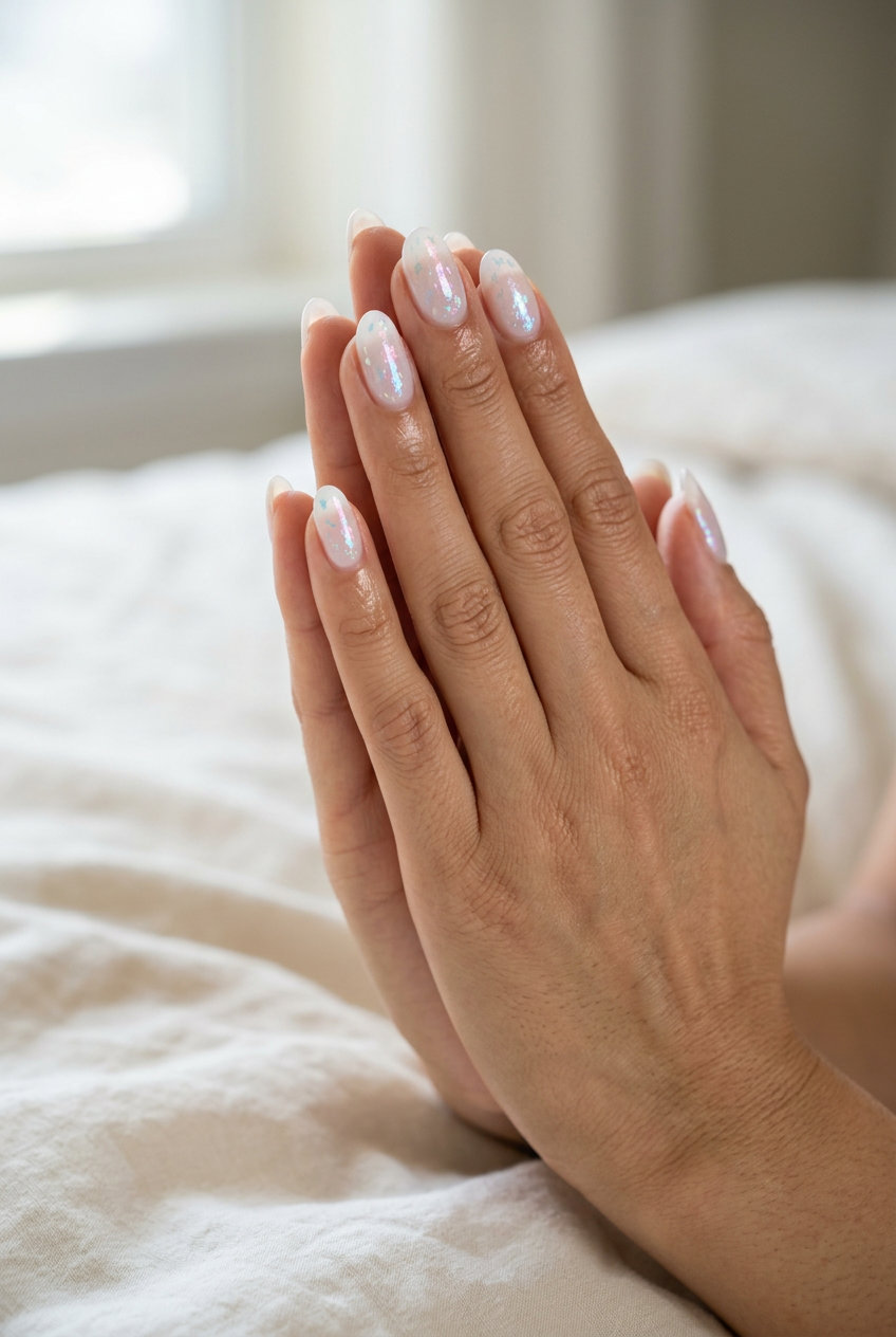 Sheer white iridescent flakes oval nails for shell summer nails 2026, ethereal and whimsical.