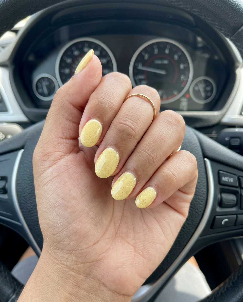 Short oval summer nails 2026: Butter yellow with micro glitter for sunny casual wear.