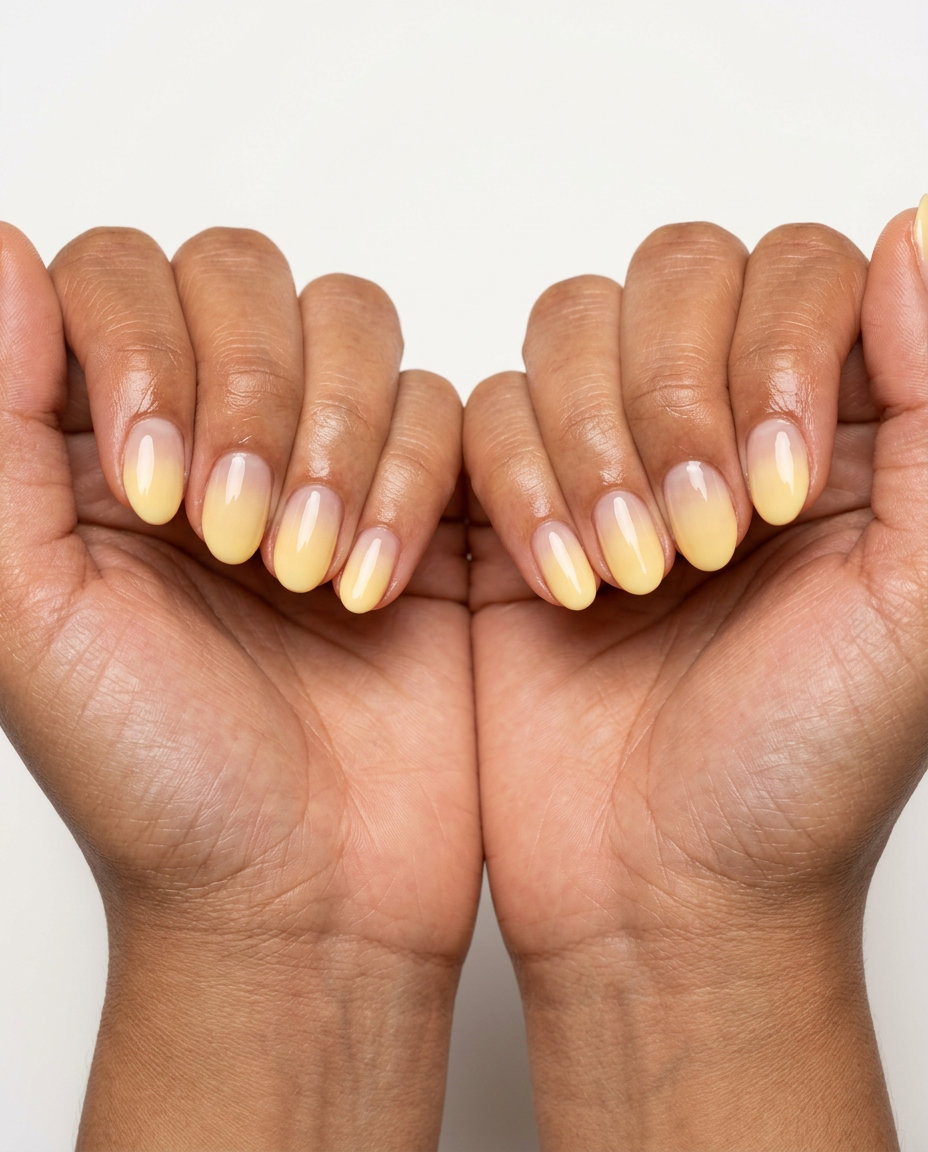 Short oval summer nails 2026: Butter yellow gradient from sheer to opaque for sunny picnics.