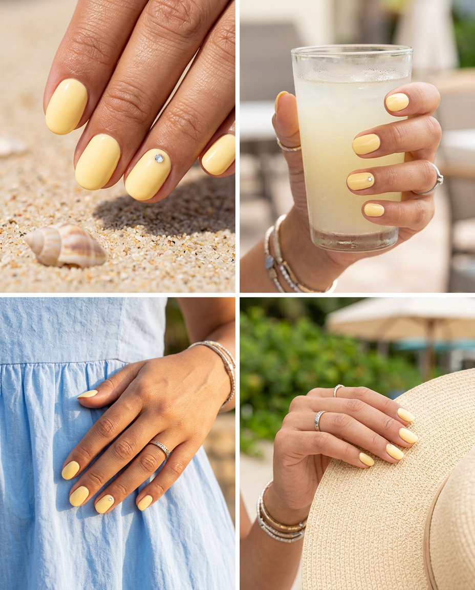 Short oval summer nails 2026: Butter yellow with a single clear rhinestone accent.