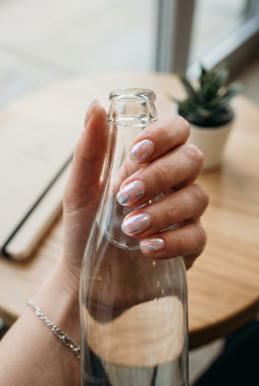 Short oval summer nails 2026 with clear builder gel and iridescent chrome accents. Artistic, sophisticated style for parties.