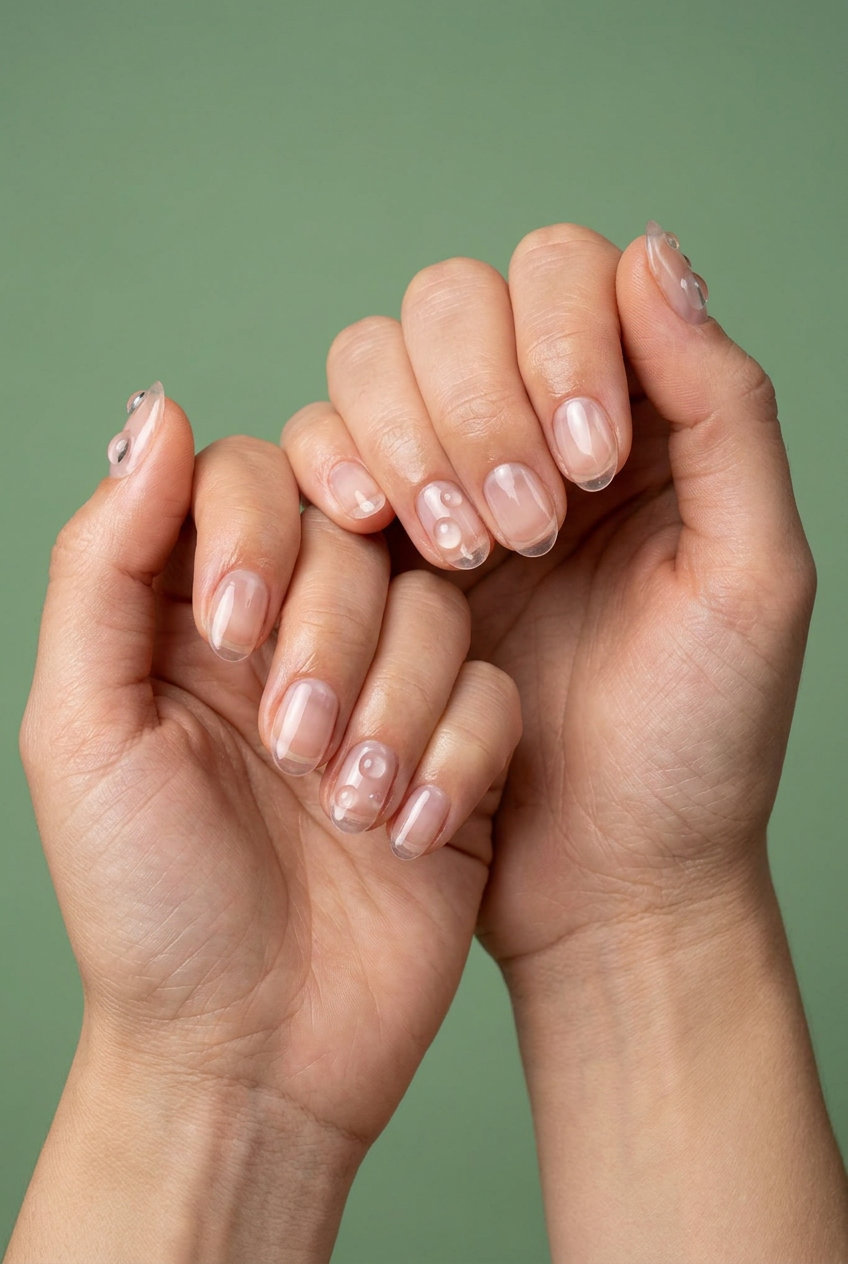 Short oval summer nails 2026: Clear glass effect with 3D water droplets for avant-garde style.