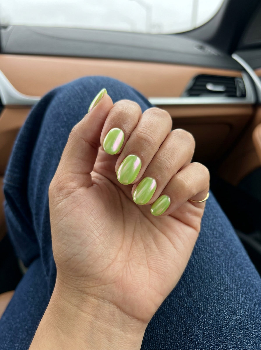 Short oval summer nails 2026 in vibrant lime green with pearlescent glazed effect. Bold, trendy style for festivals and parties.