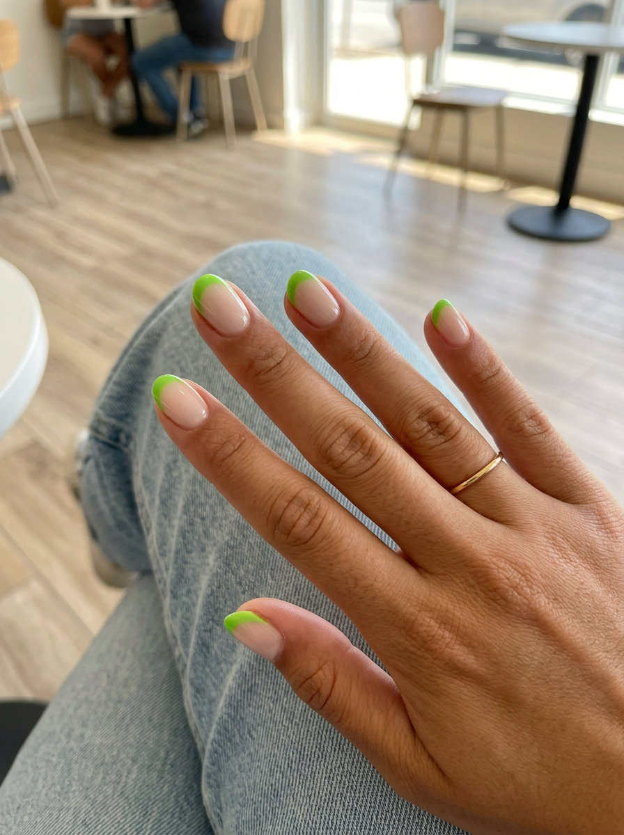 Short oval summer nails 2026 with lime green crescent moon at the cuticle for a bold festival look.