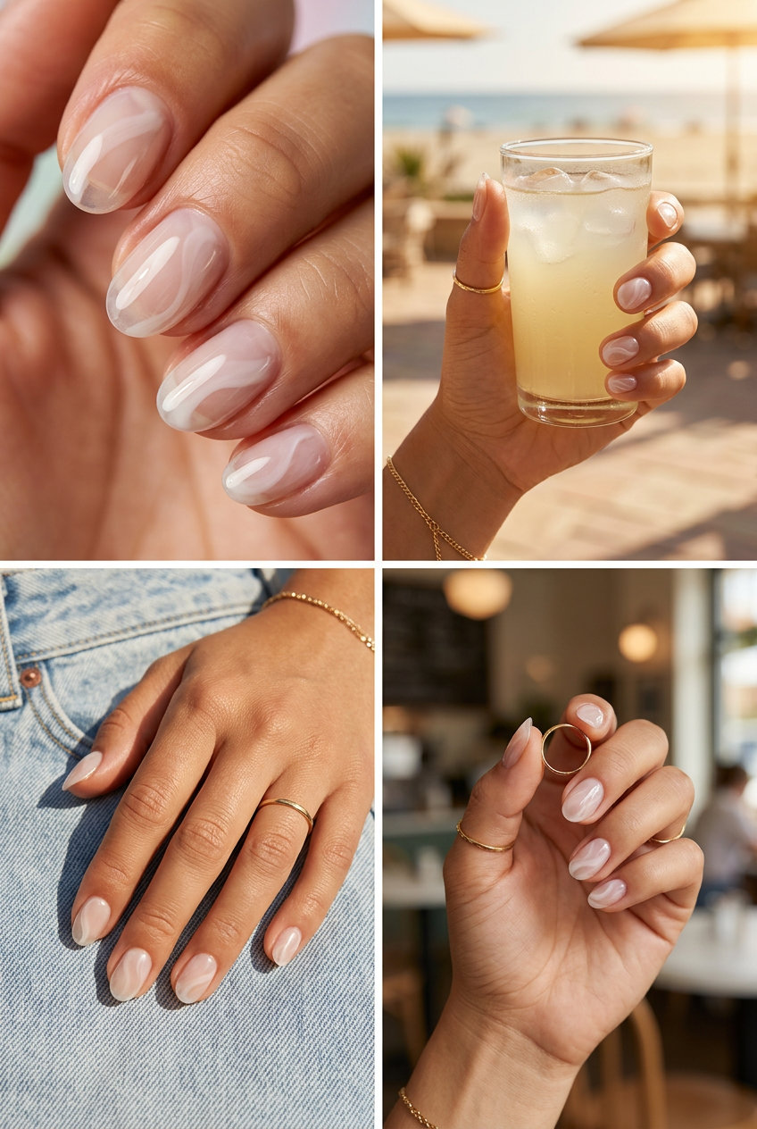 Short oval summer nails 2026 with clear builder gel and milky white abstract swirls. Minimalist, ethereal style for daily wear.
