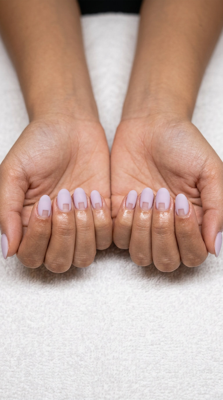 Short oval summer nails 2026 in milky lilac with geometric negative space for an edgy art gallery look.