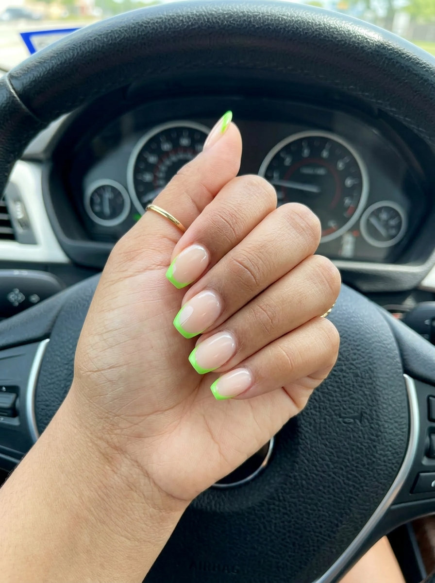 Short oval summer nails 2026: Lime green micro French tips for playful vacation style.