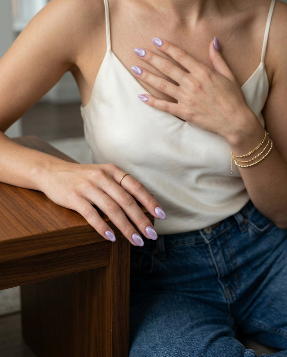 Short oval summer nails 2026 with milky lilac cat eye magnetic shimmer for a sultry date night look.