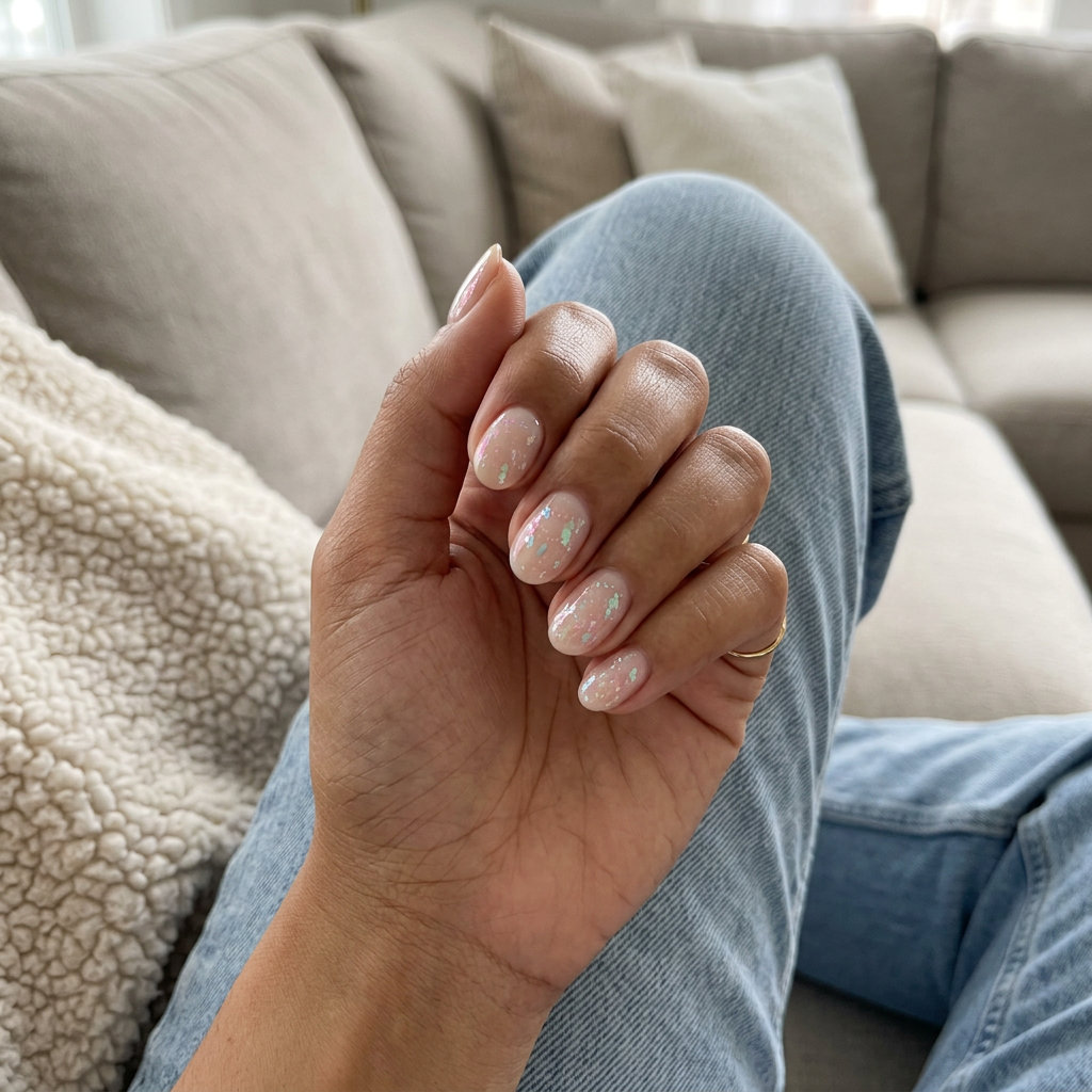 Short oval summer nails 2026 with sheer nude and iridescent foil flakes for elegant daily wear and vacation style.