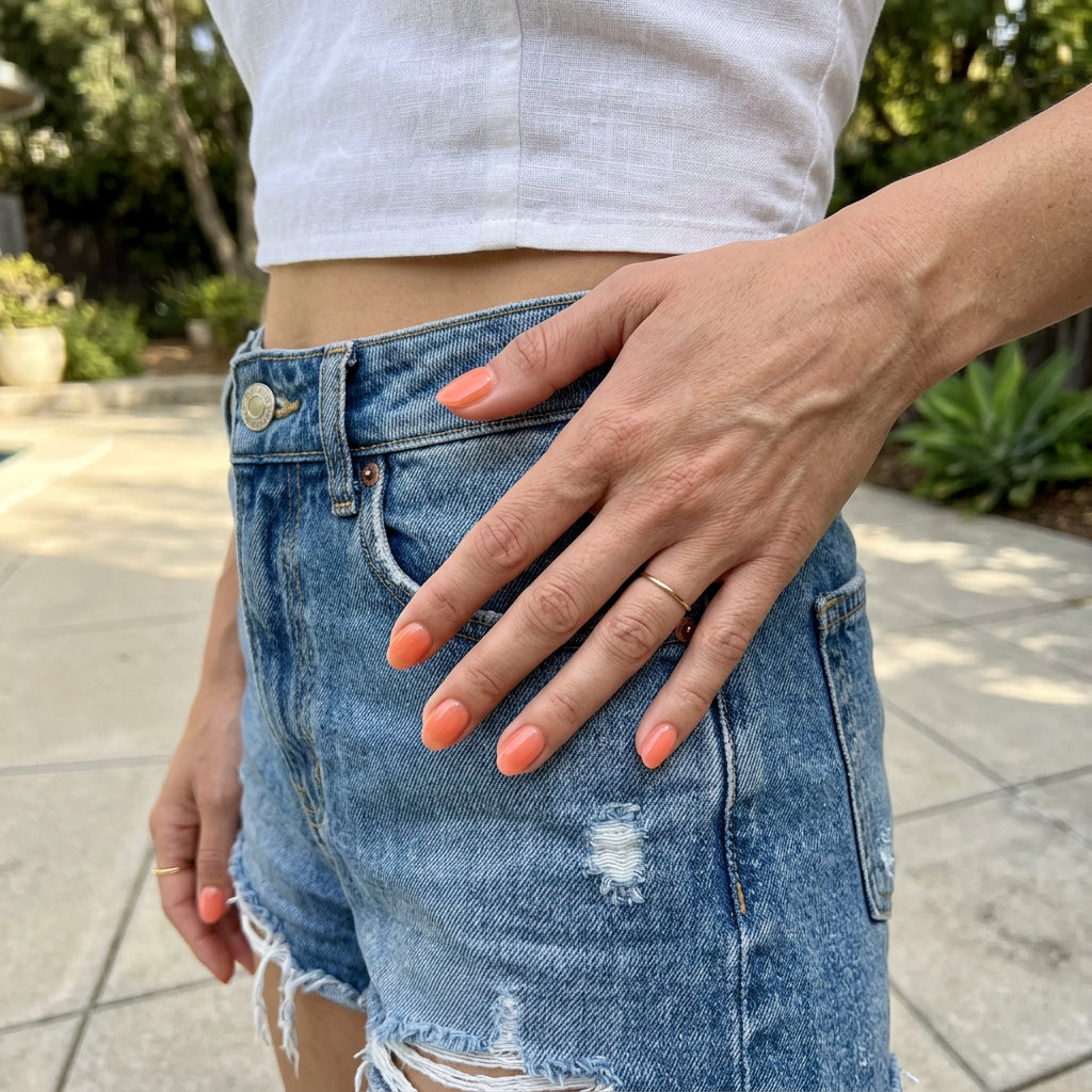 Short oval summer nails 2026 in sheer peach jelly finish for a clean, effortless vacation look.