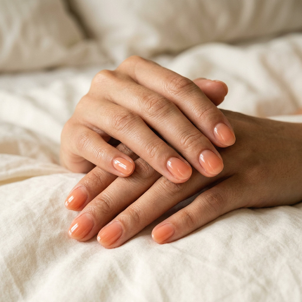Short oval summer nails 2026 in sheer peach jelly finish for a juicy, effortless vacation look.
