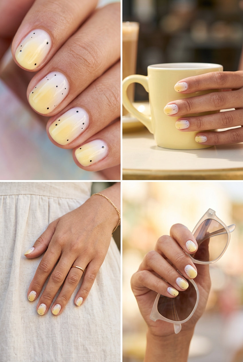 Short round summer nails 2026: Whimsical butter yellow aura dots for casual weekends and brunch.