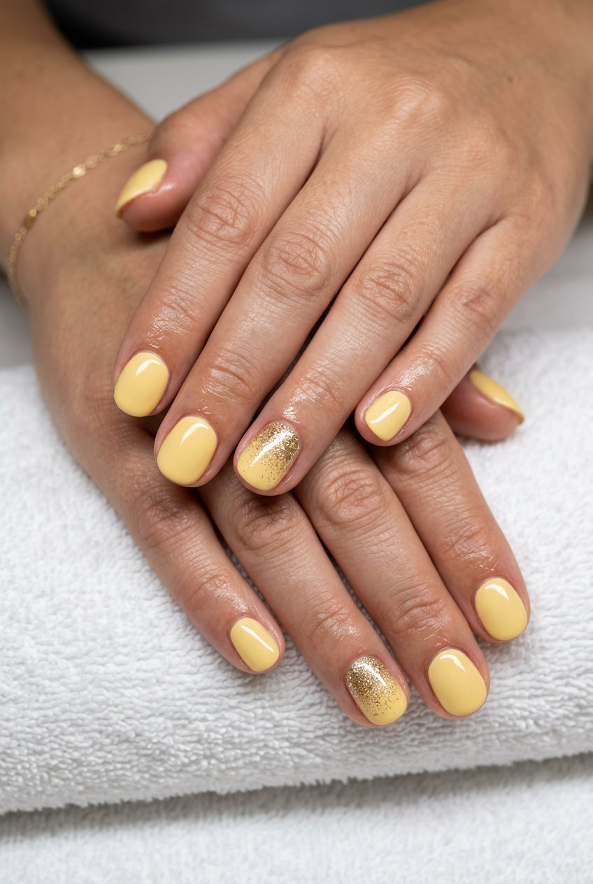 Short round summer nails 2026: Cheerful butter yellow glitter gradient for parties and celebrations.
