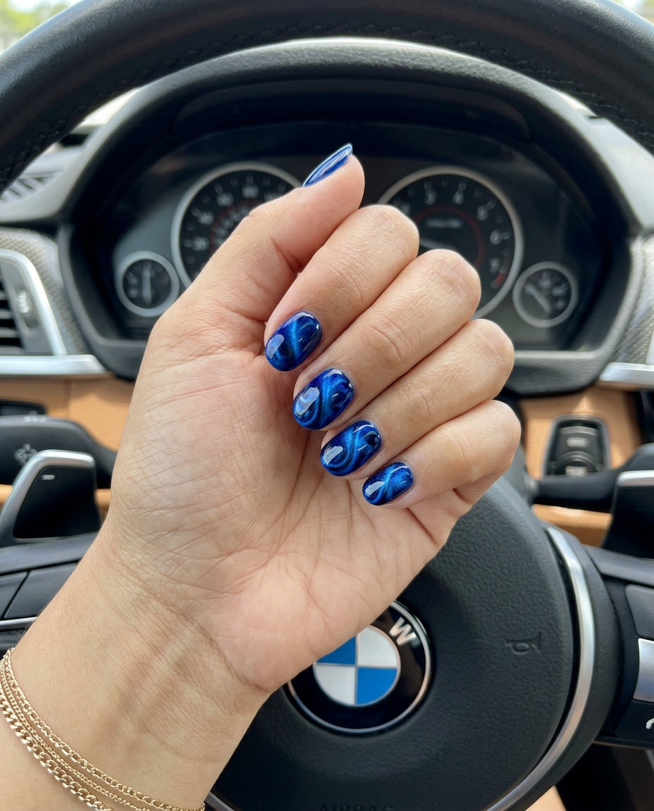 Short round summer nails 2026: Sultry cobalt blue cat-eye swirls for date night and parties.