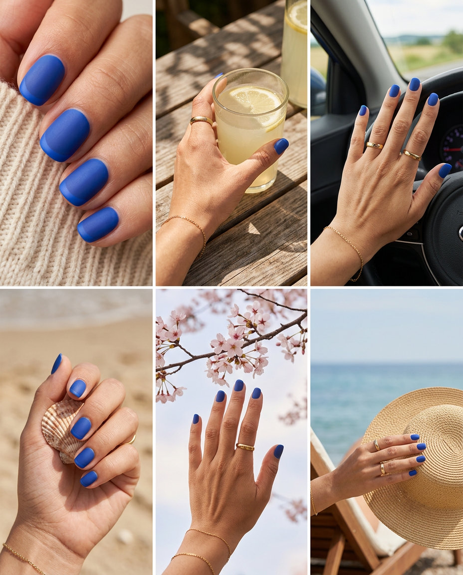 Cobalt blue matte French tip short round nails 2026 for formal events or work. Sophisticated & edgy.